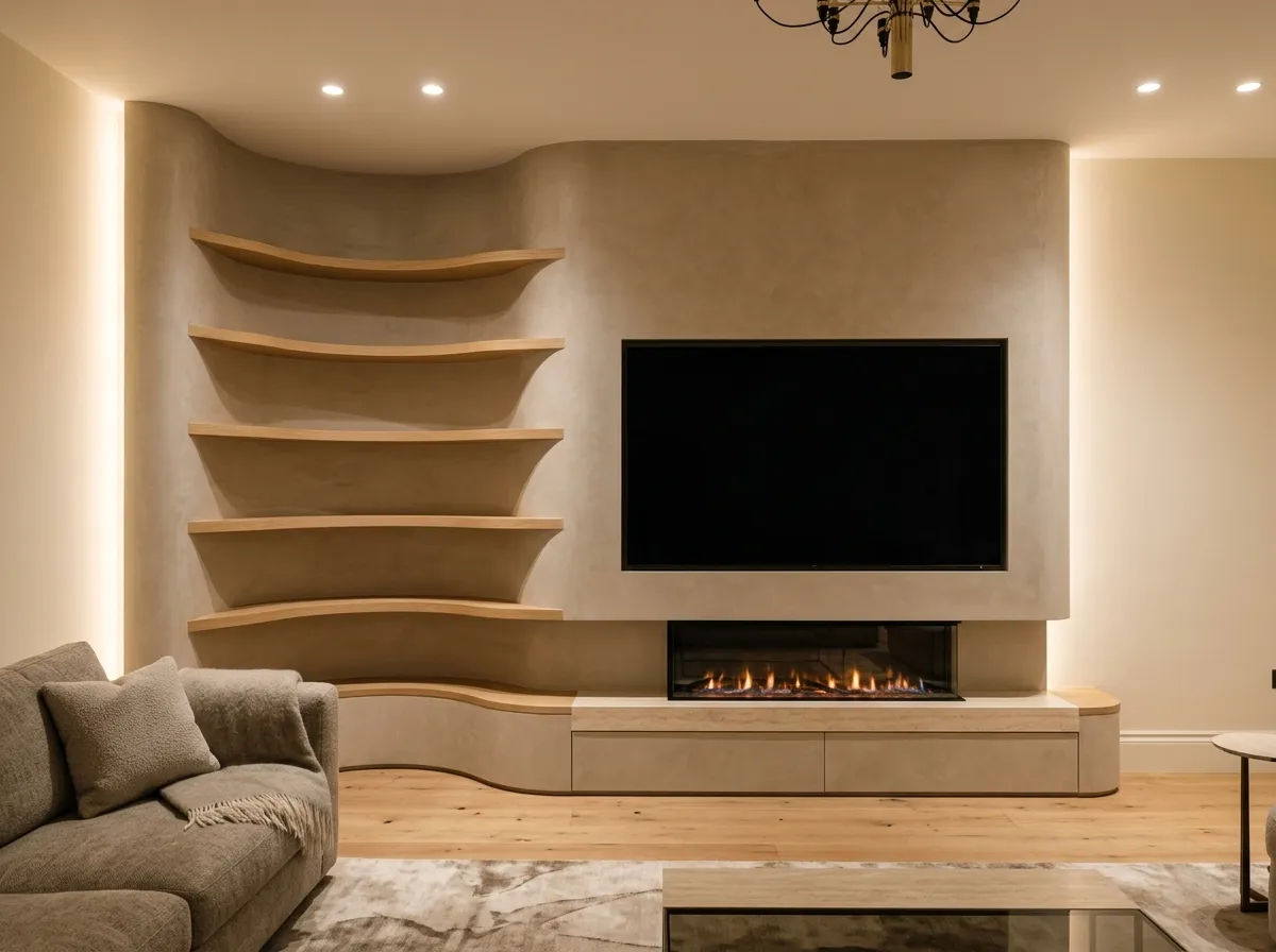 Bespoke corner media wall with curved shelving, warm Venetian plaster and wide linear fireplace, Cobham Surrey