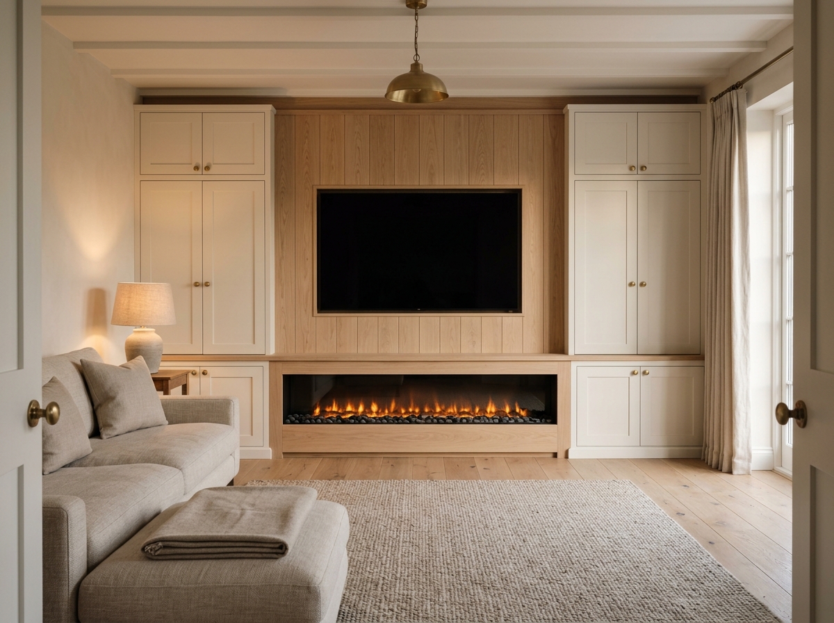 Full-height Shaker cupboards flanking a TV recess with integrated linear fireplace
