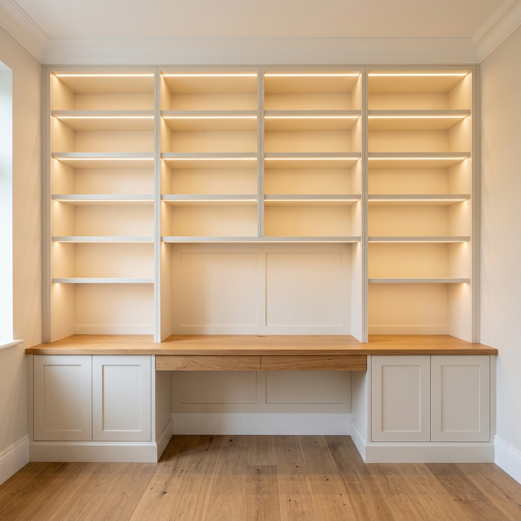 Bespoke fitted home office with built-in shelving and desk, Surrey