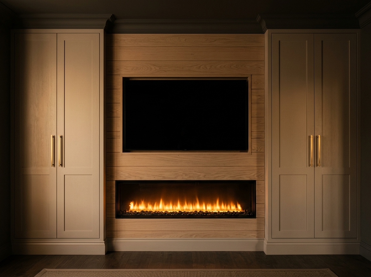 Media wall with base cupboards, brass handles and oak shiplap panelling