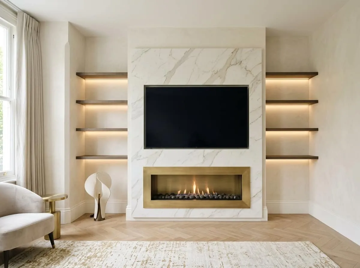 Bespoke media wall with integrated bio ethanol fire, London and Surrey
