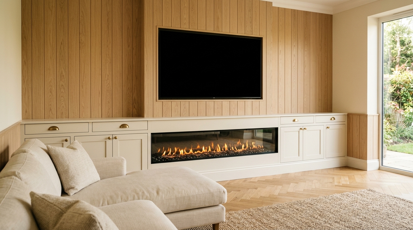 Bespoke media wall with cupboards and linear fireplace, London and Surrey