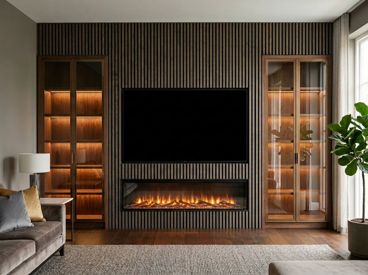 Bespoke media wall with glass door cabinetry, London and Surrey