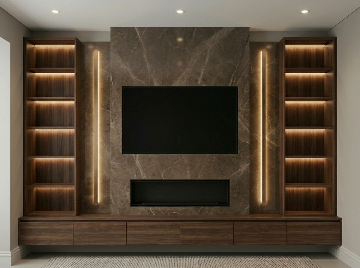 Luxury bespoke media wall installation Ascot Berkshire with premium joinery, LED lighting and integrated electric fireplace