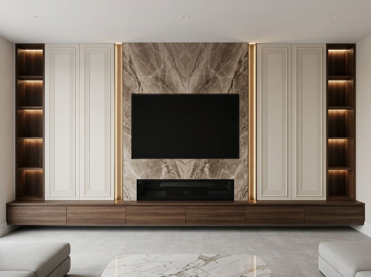 Bespoke luxury media wall with premium cabinetry and LED lighting installed in Ascot home