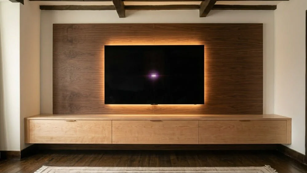 Warm light emerging from behind a television mounted on a timber panel above floating cabinetry