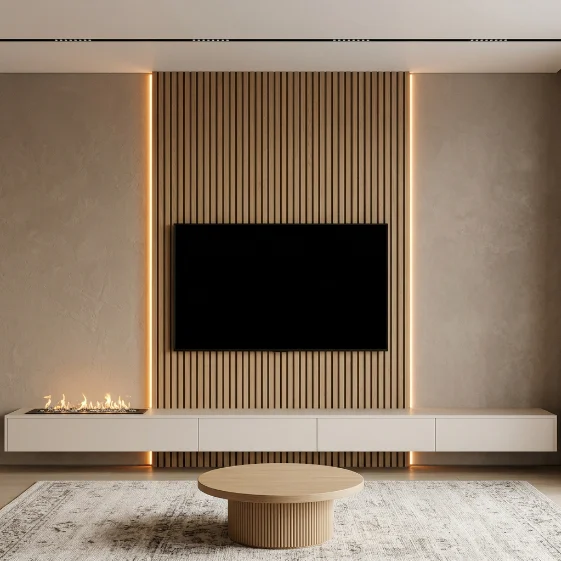 Vertical warm lighting beside a slatted timber television panel with low floating cabinetry