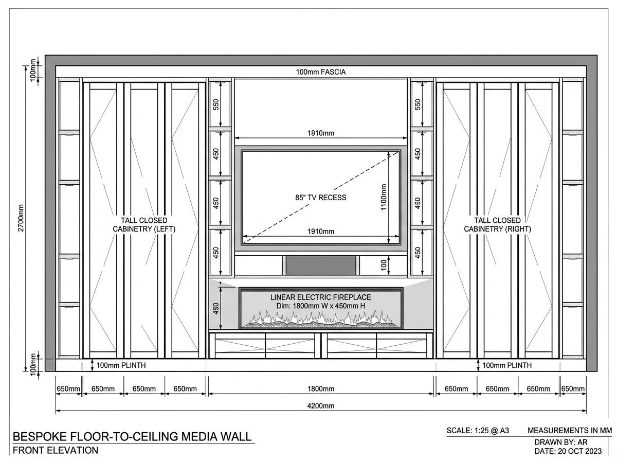 Fireplace and base unit specification: linear format at 1500mm width