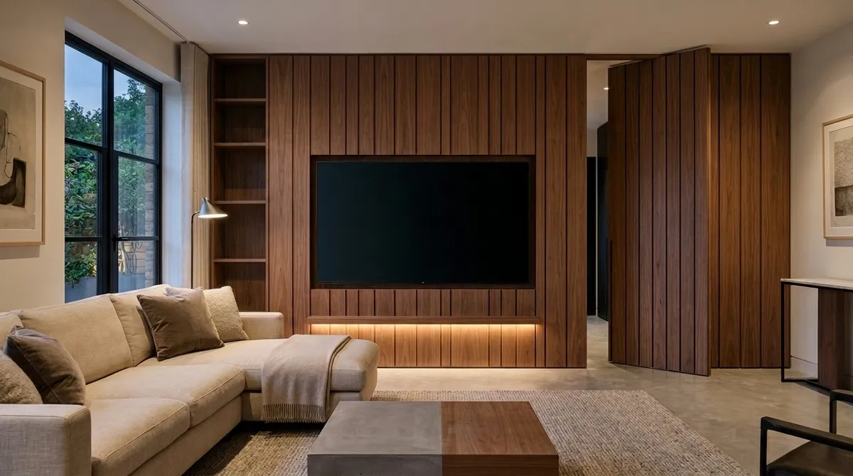 Walnut Panelled Media Wall, Berkhamsted, Hertfordshire