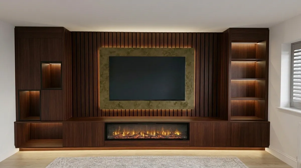 Walnut Media Wall with Linear Fire, Beaconsfield, Buckinghamshire