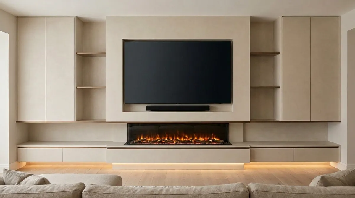Micro-Cement Media Wall with Linear Fire, Radlett, Hertfordshire