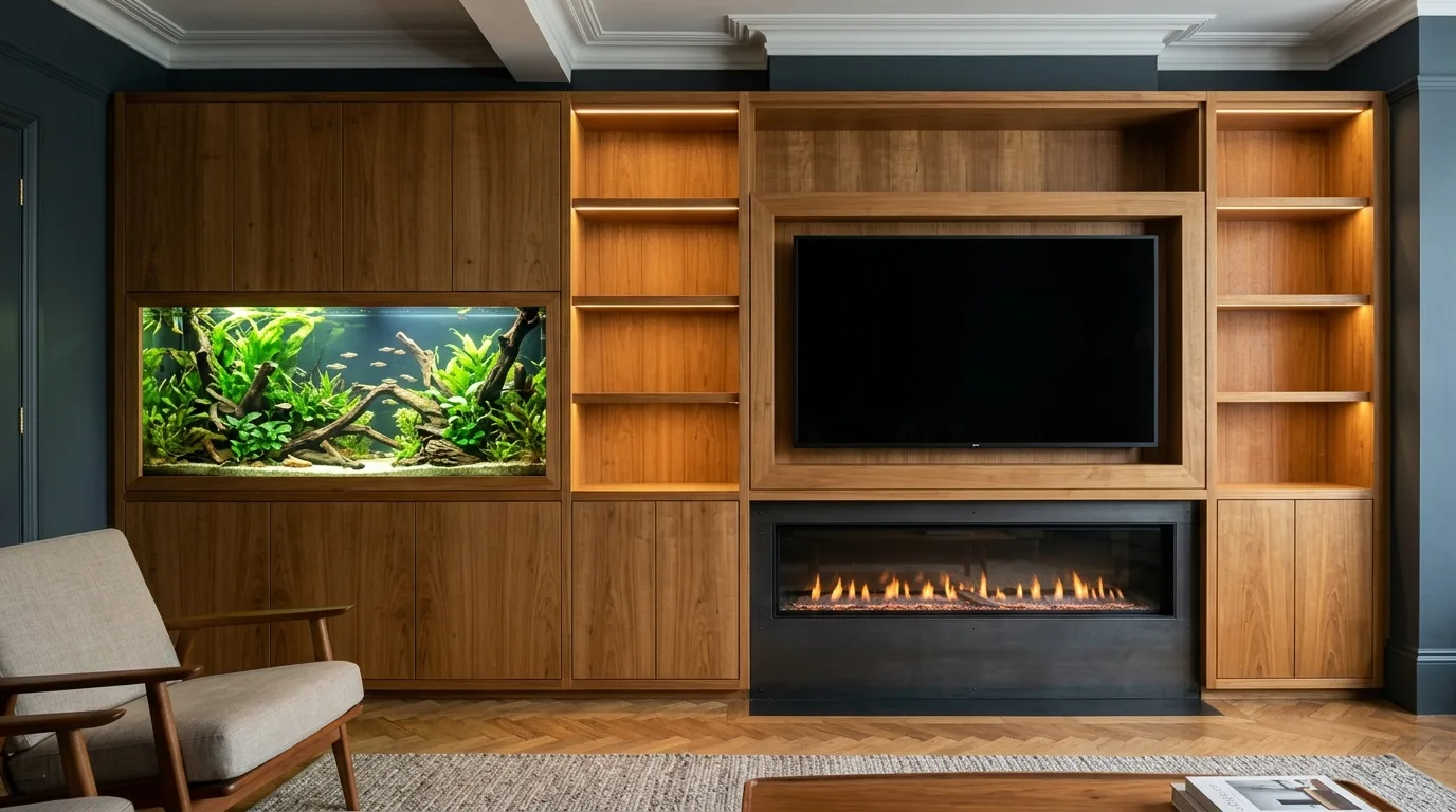 Teak media wall with a planted tropical aquarium set into the left-hand cabinetry, a recessed television and a wide landscape fire below it, with lit open shelving between