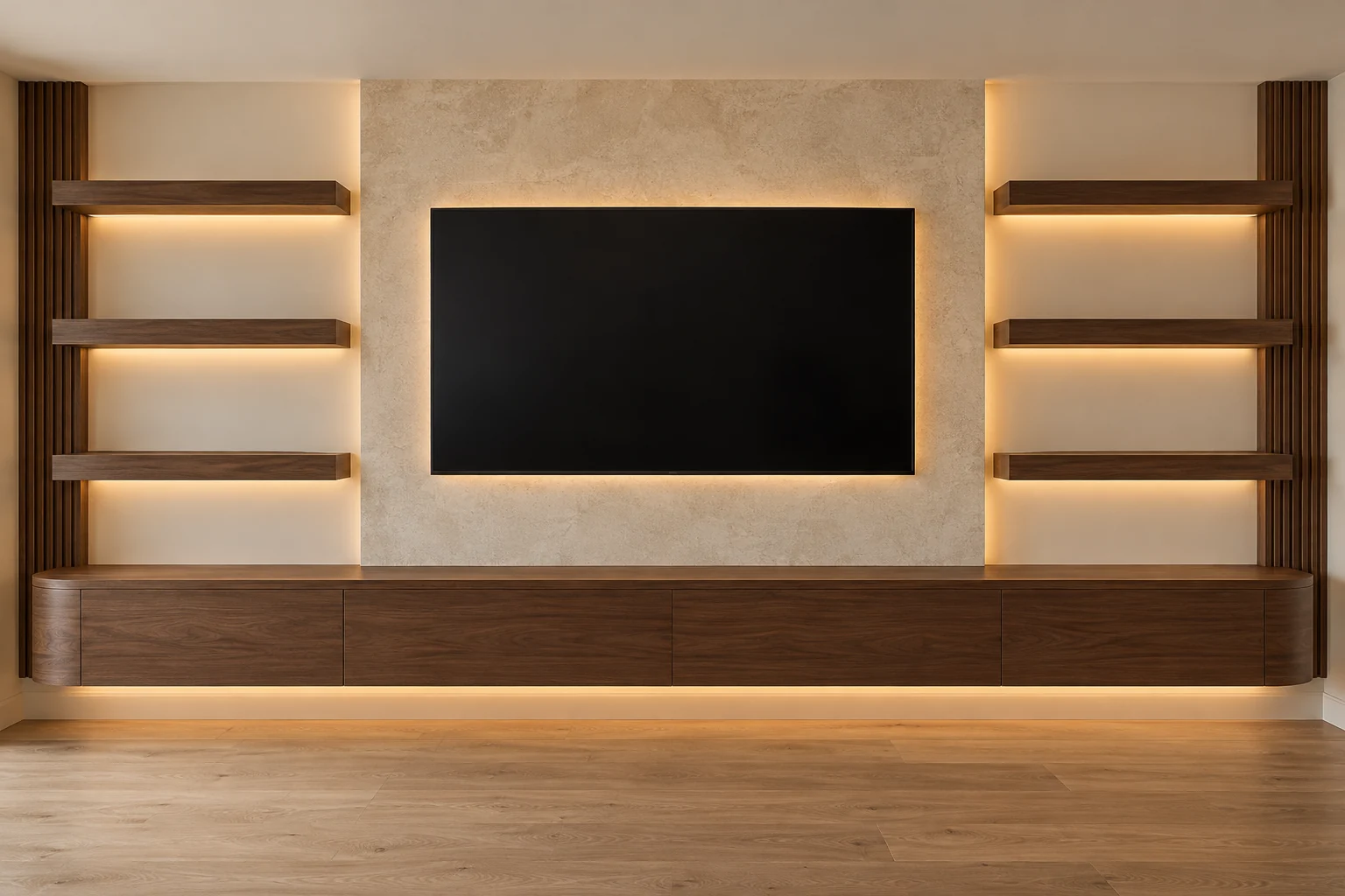 Front-view media wall visualisation with a curved walnut floating cabinet, three empty shelves on each side and a cream TV surround