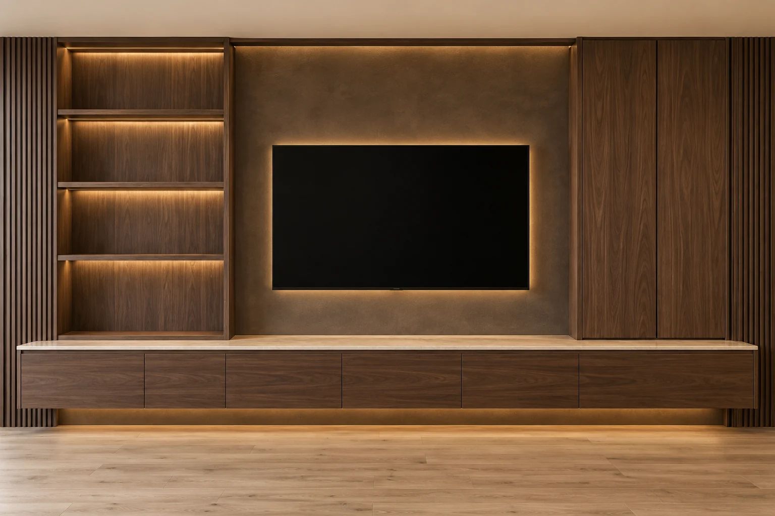Front-view media wall visualisation with walnut shelving and tall cabinets, a floating base and a backlit TV against brown plaster