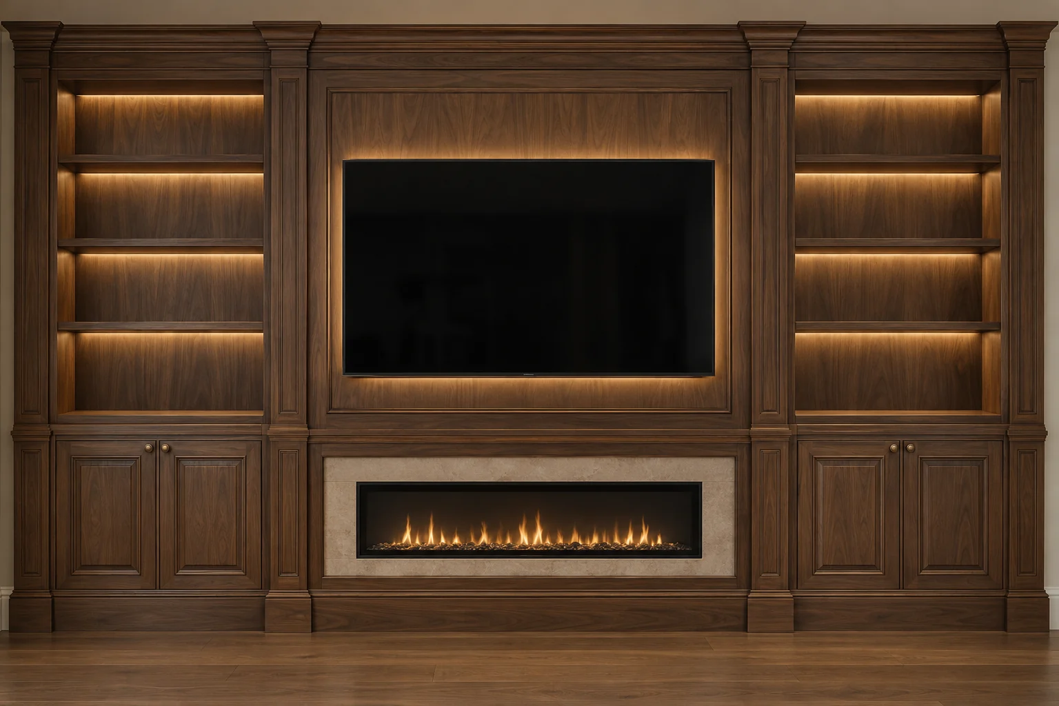 Front-view media wall visualisation with traditional dark walnut cabinetry, empty shelves and a linear fireplace beneath the TV