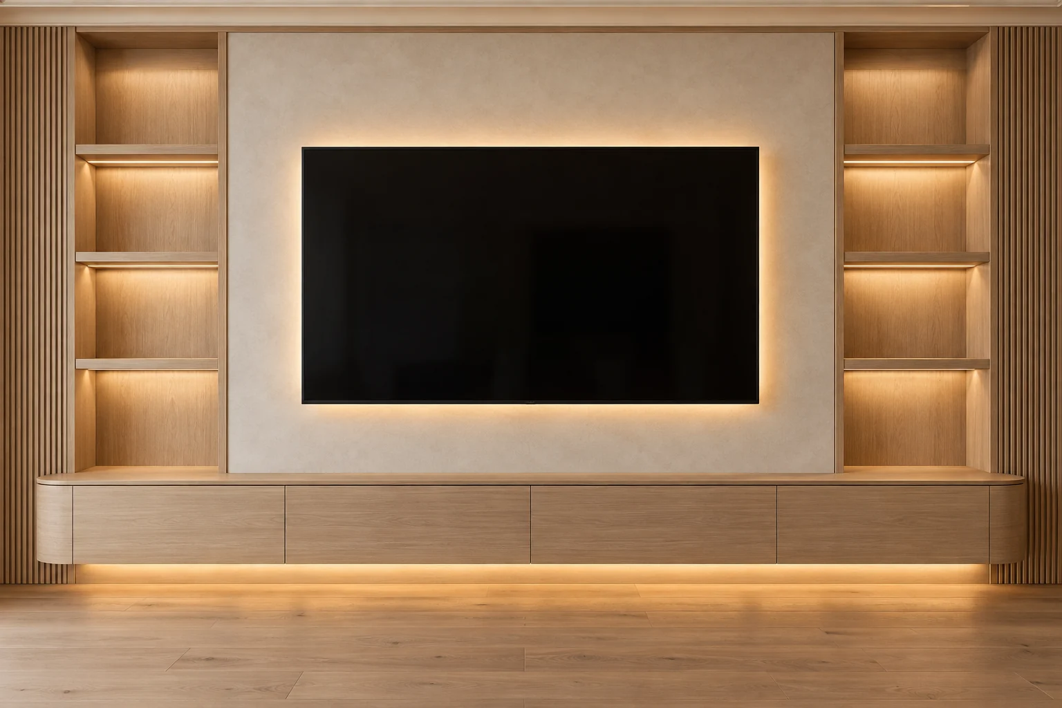 Front-view media wall visualisation with pale oak shelving, a floating base cabinet and a softly backlit TV on a cream surround