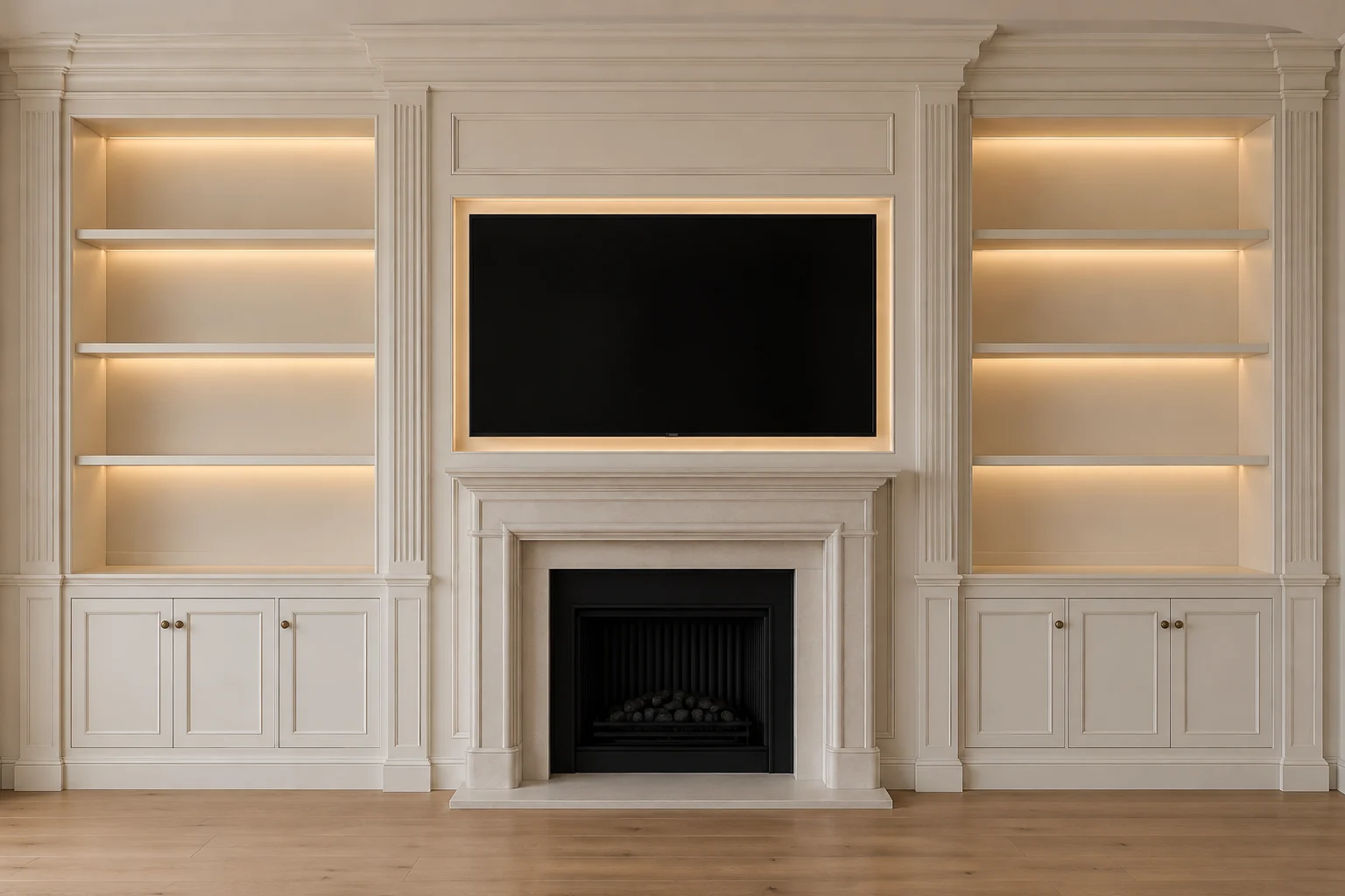 Front-view media wall visualisation with warm white classical panelling, fluted pilasters, empty shelves and a stone fireplace