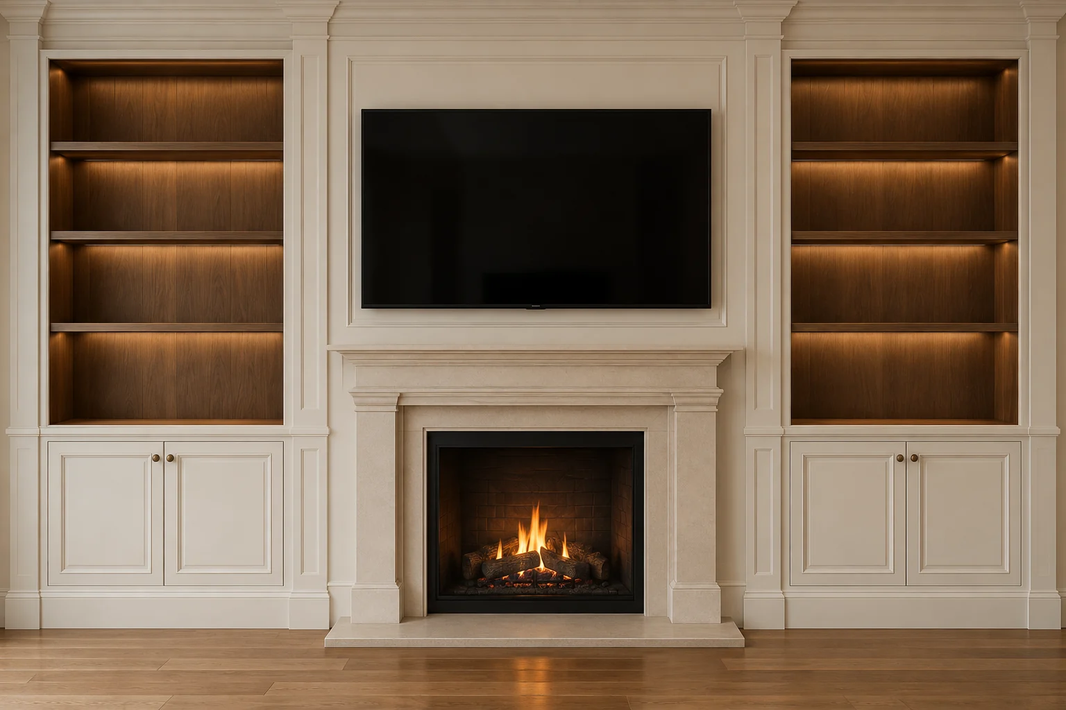 Front-view media wall visualisation with ivory framed cabinets, empty walnut shelves and a limestone fireplace below the TV