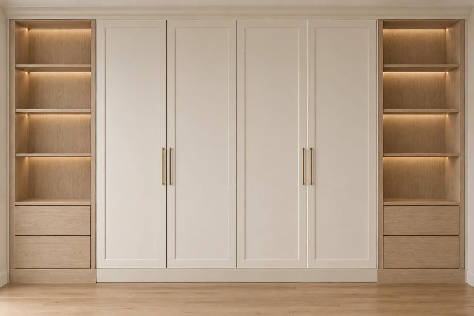Front-view fitted wardrobe visualisation with ivory framed doors, brass handles, empty pale oak shelving and fitted drawers