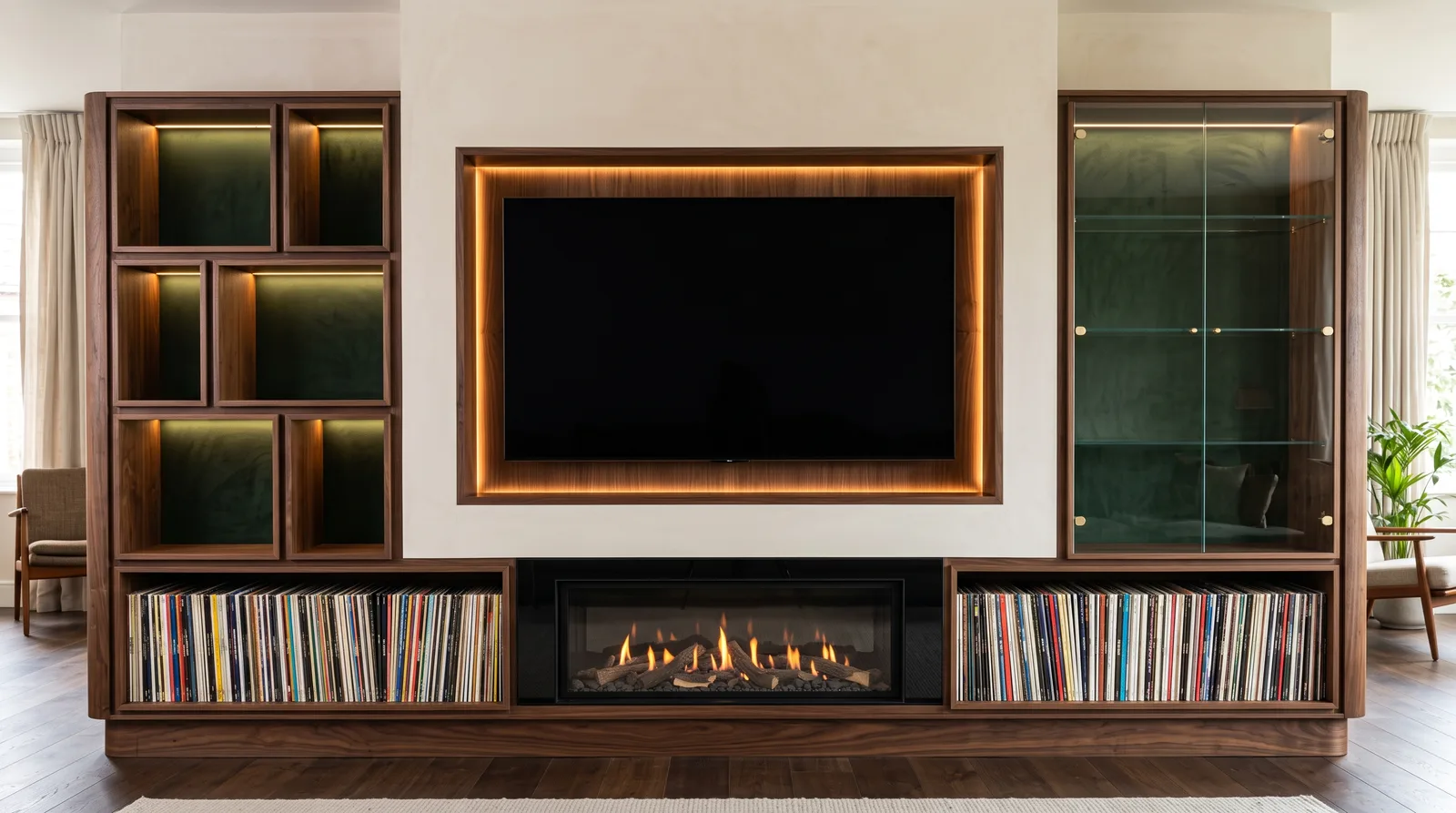 Media wall with television, illuminated shelving and integrated vinyl record storage