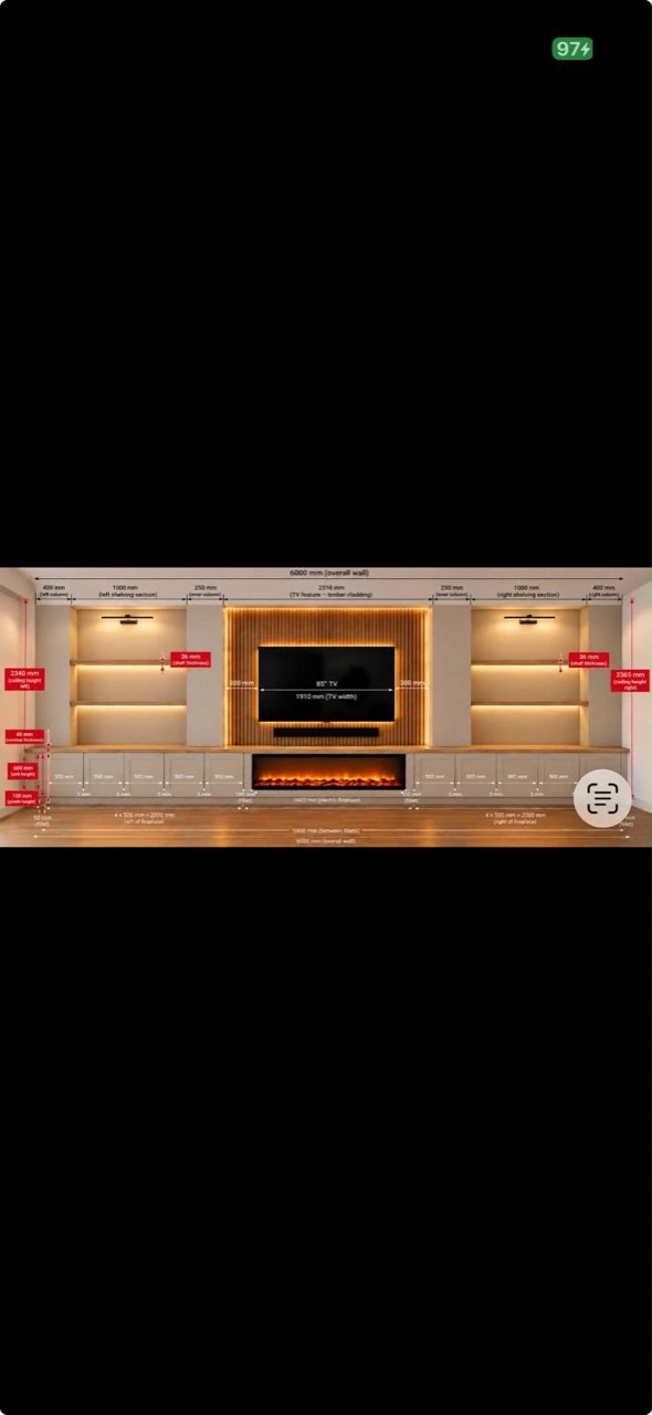 Design render with a central fireplace interrupting the base cabinetry beneath the TV