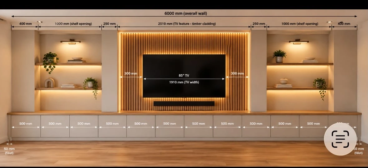 Design render without a fireplace: timber TV backing, side shelves and continuous low cabinetry
