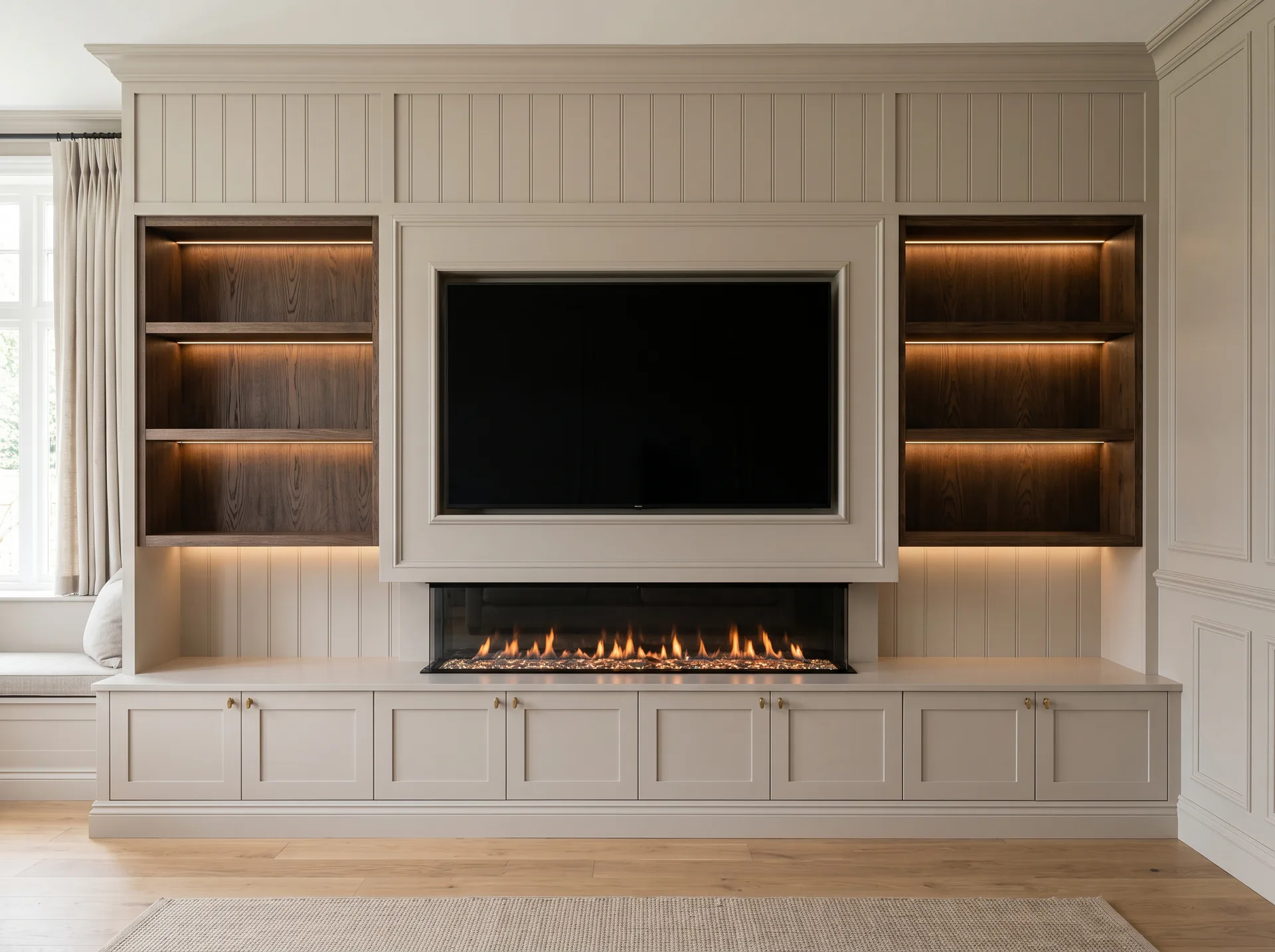 Warm painted media wall concept with walnut shelving, television, linear fire and fitted base cabinets