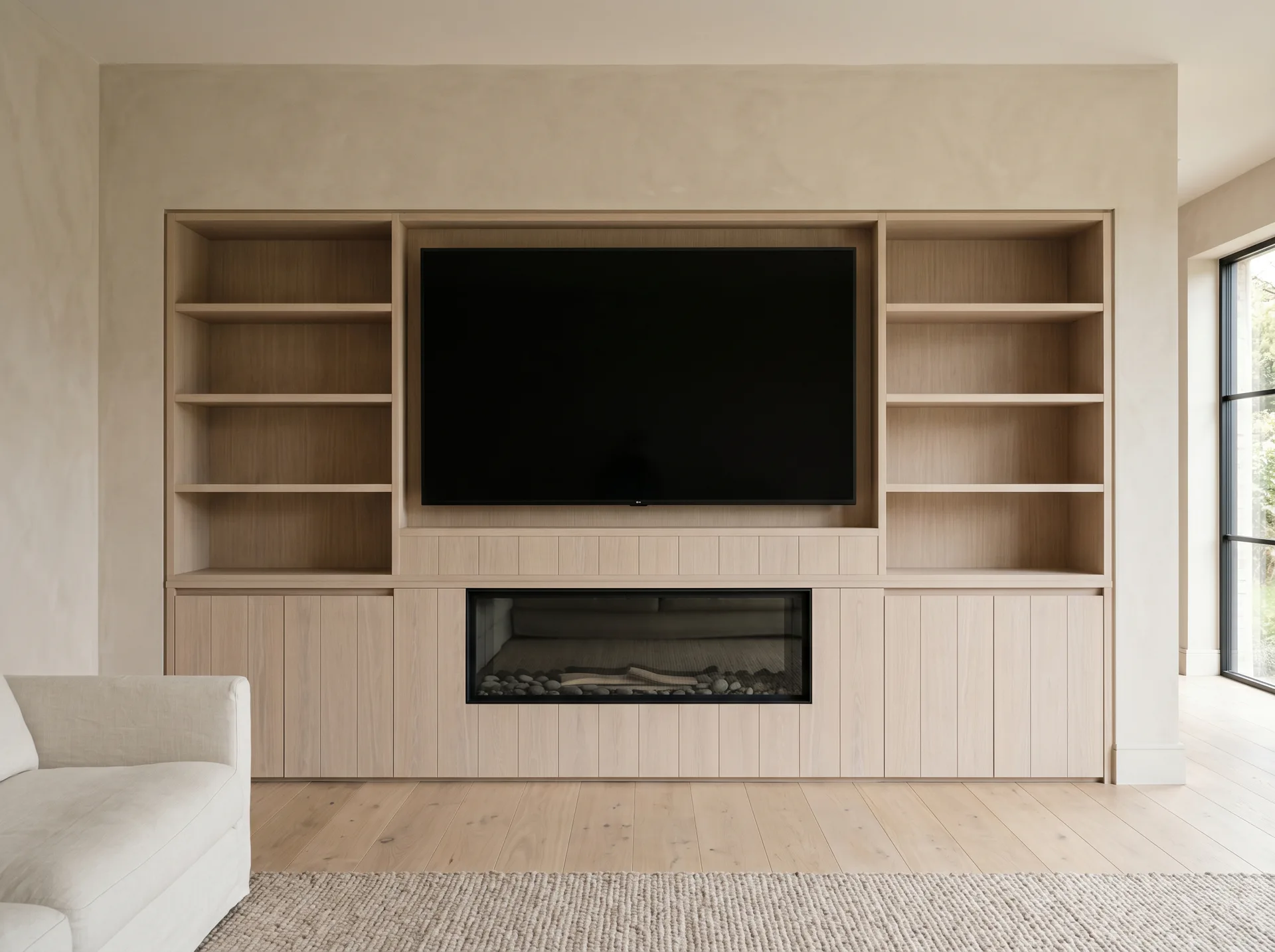 Scandinavian-style media wall concept with pale timber cabinetry, open shelving, television and integrated fire