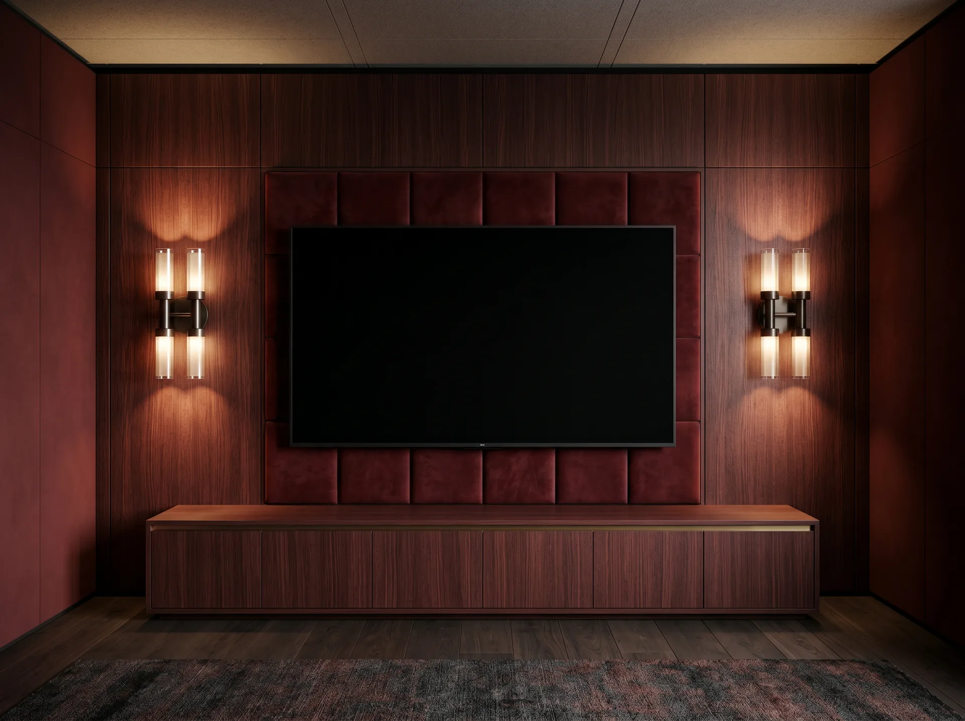 Dark walnut media wall concept with upholstered television surround, fitted base cabinetry and wall lighting