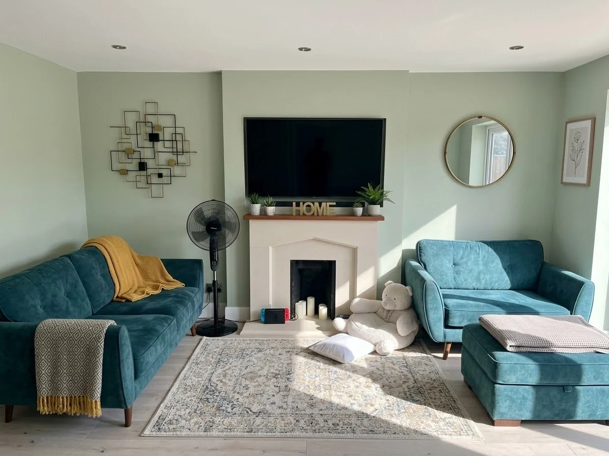 Kent living room before work with television above an existing projecting fireplace and recess