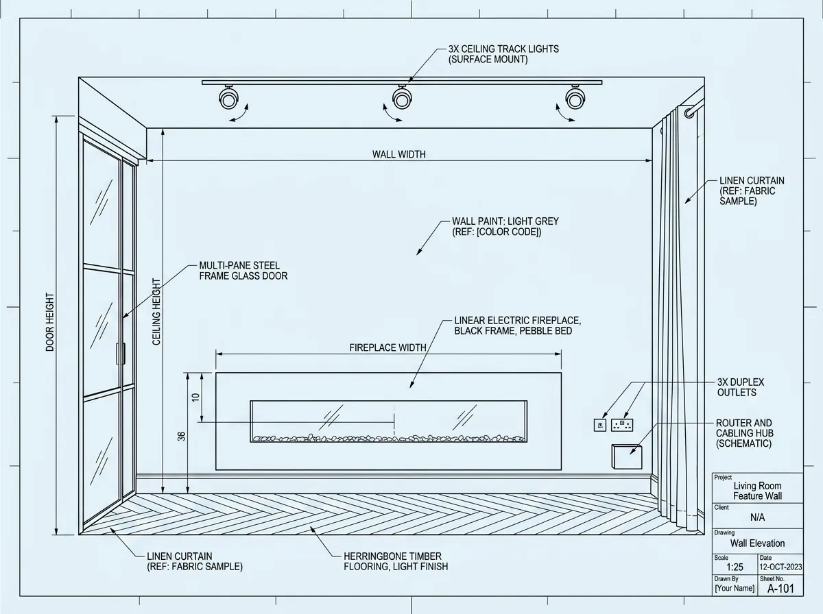 Bespoke media wall with integrated electric fireplace CAD drawing