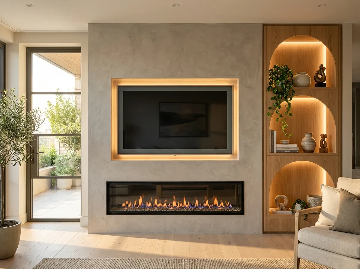 Fireplace recess framing: fire-rated construction with concealed electrical supply
