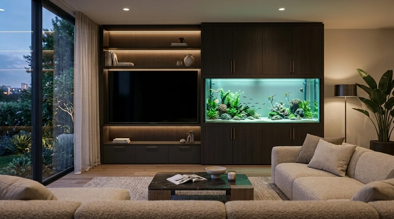 Fish tank media wall with integrated aquarium and concealed servicing access