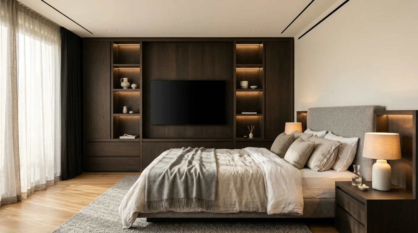 Bedroom media wall with integrated wardrobes and warm oak interiors