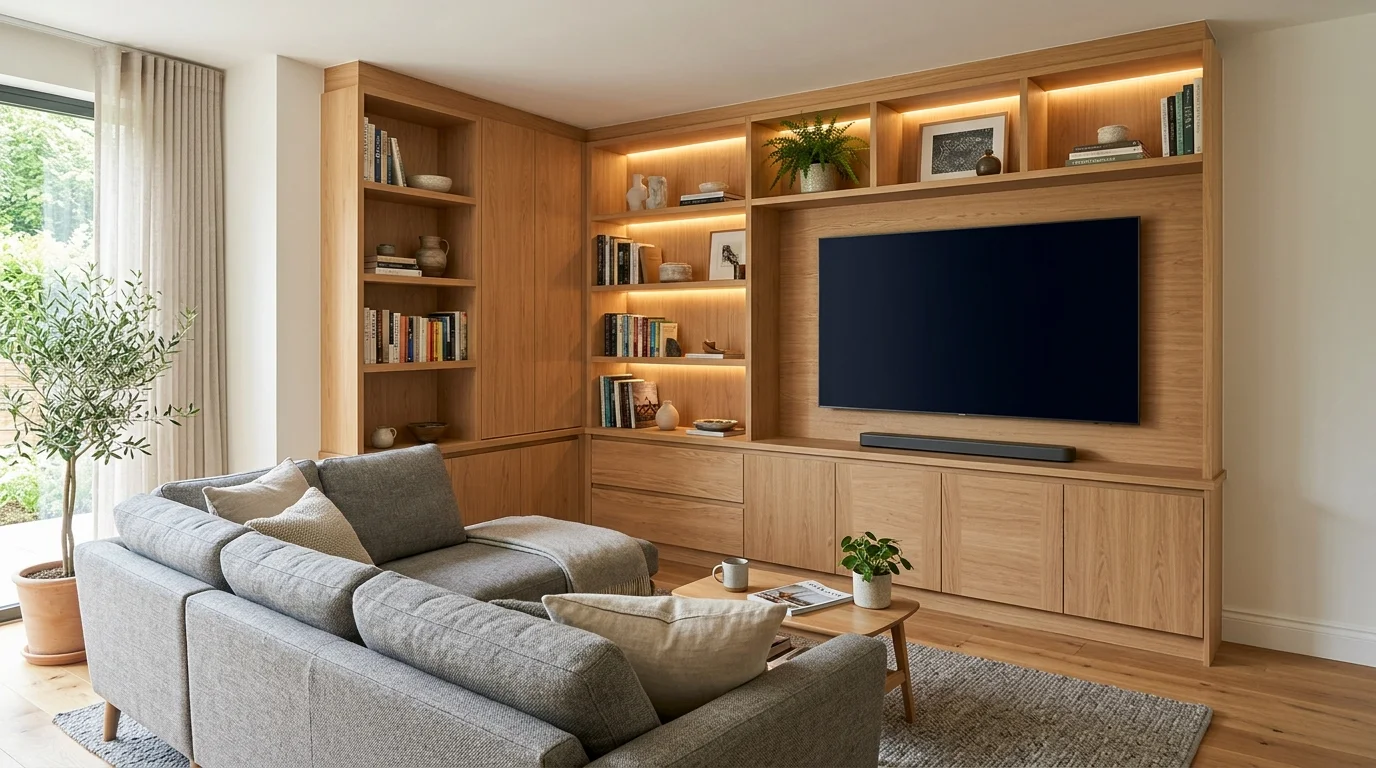 Symmetrical alcove media wall built into a chimney breast recess