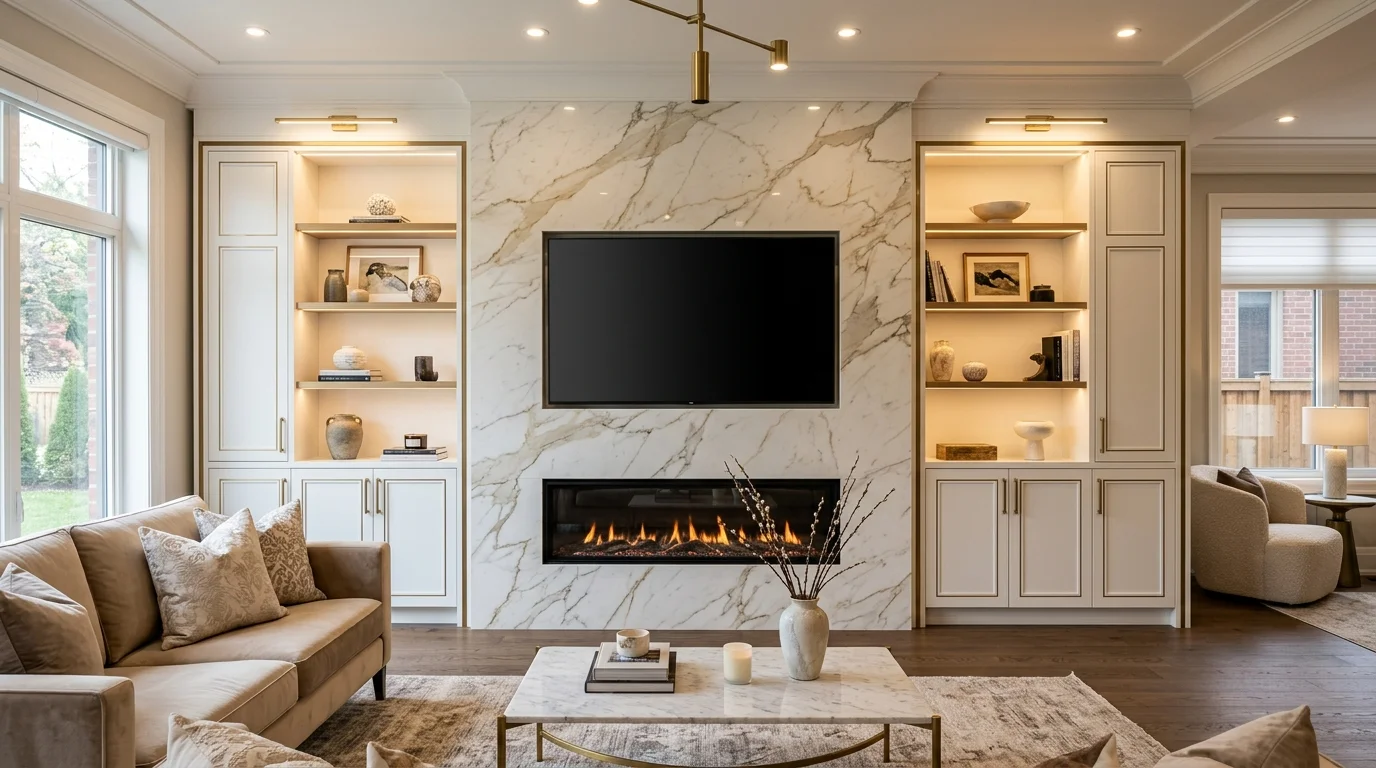 Marble-effect porcelain media wall with recessed television and architectural stone veining