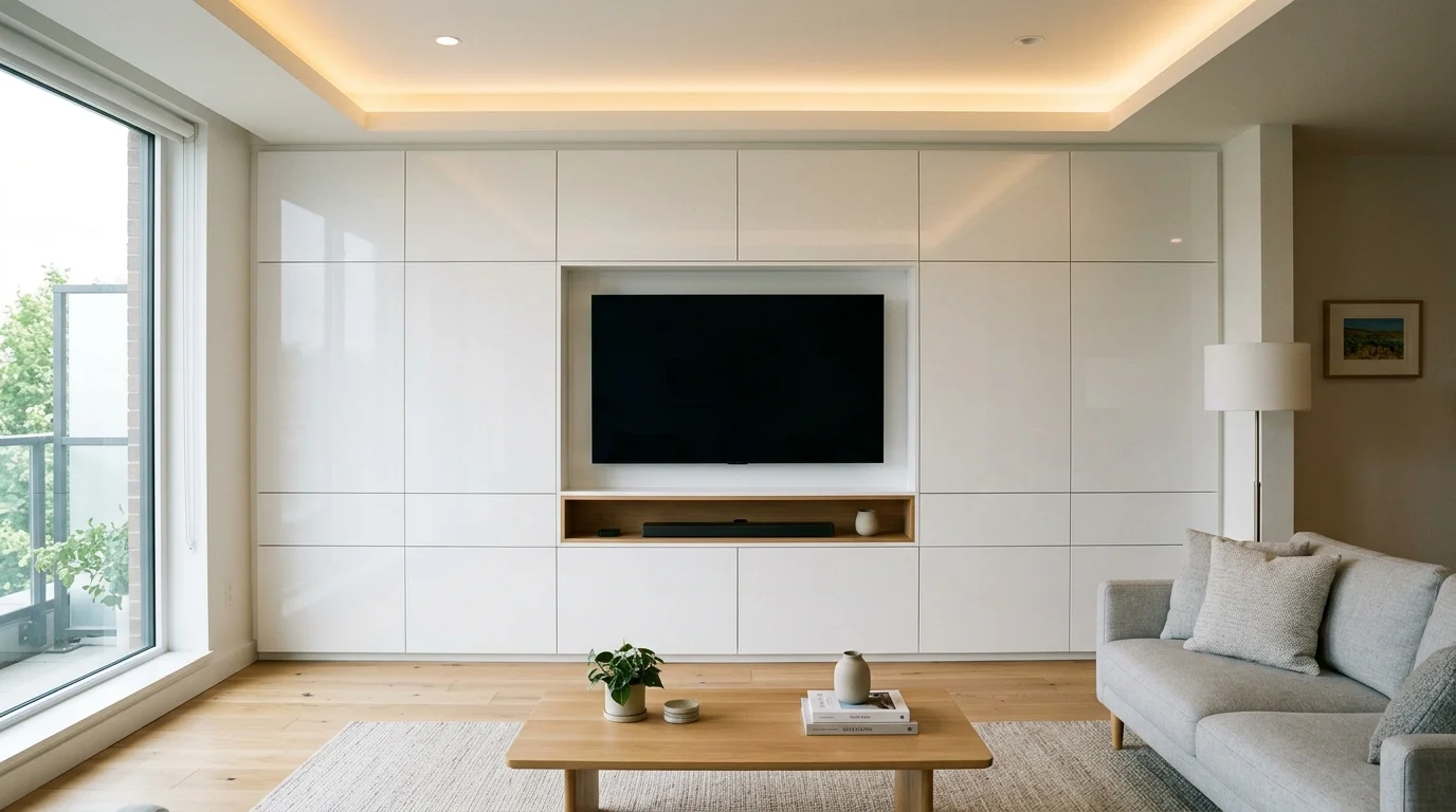 Minimalist floating media wall in cashmere matte lacquer with concealed cable routing