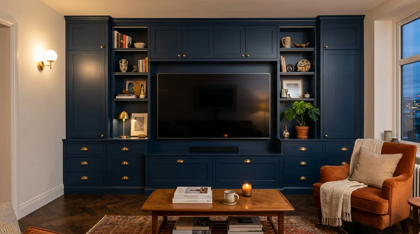 Navy Shaker media wall with brass cup handles, open shelving and TV recess in a period living room