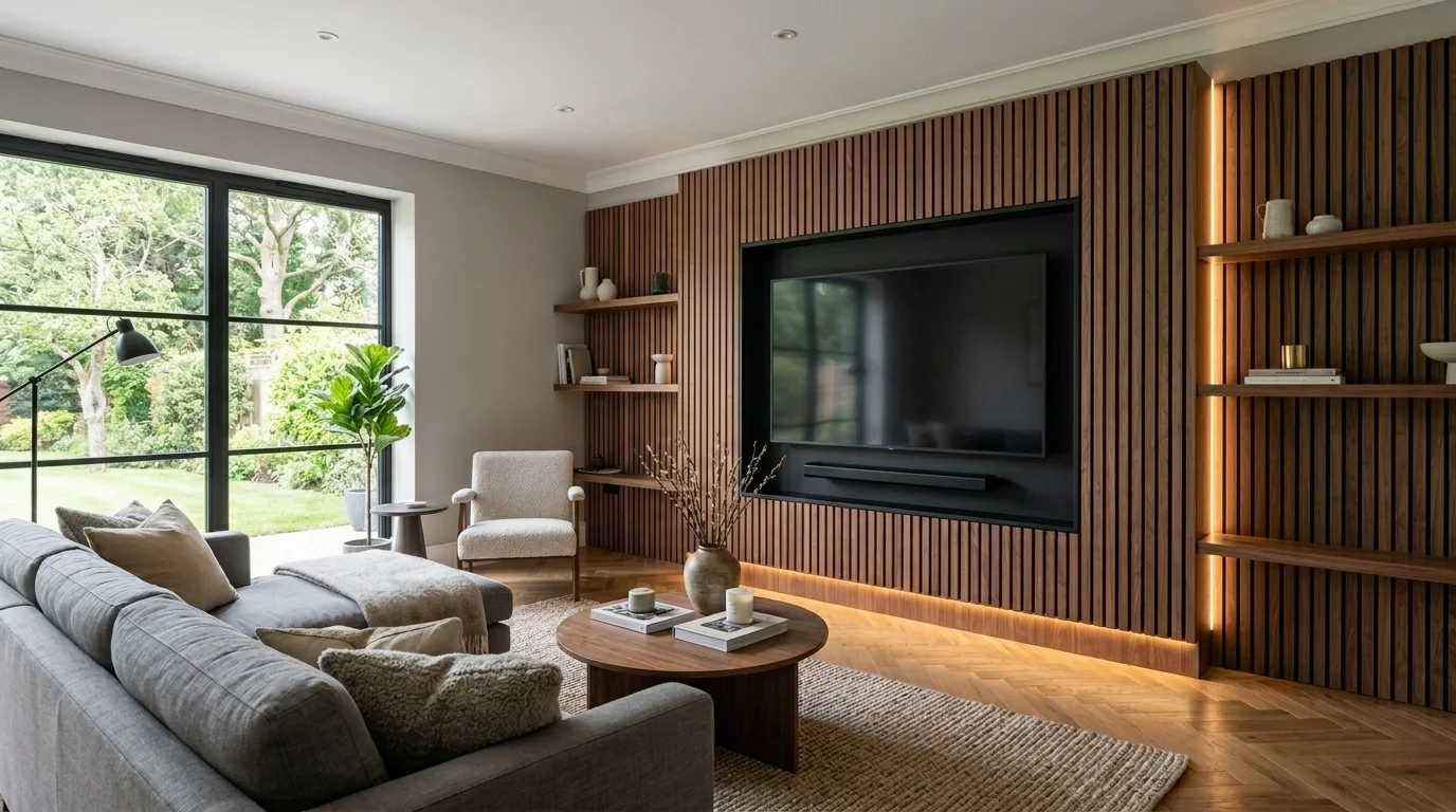 Slatted walnut media wall with recessed TV and consistent shadow gap detailing