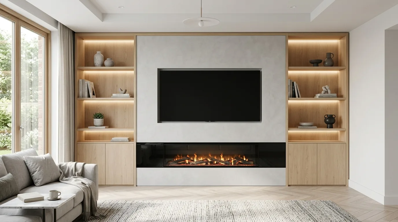 Fireplace media wall with integrated electric fire beneath the television