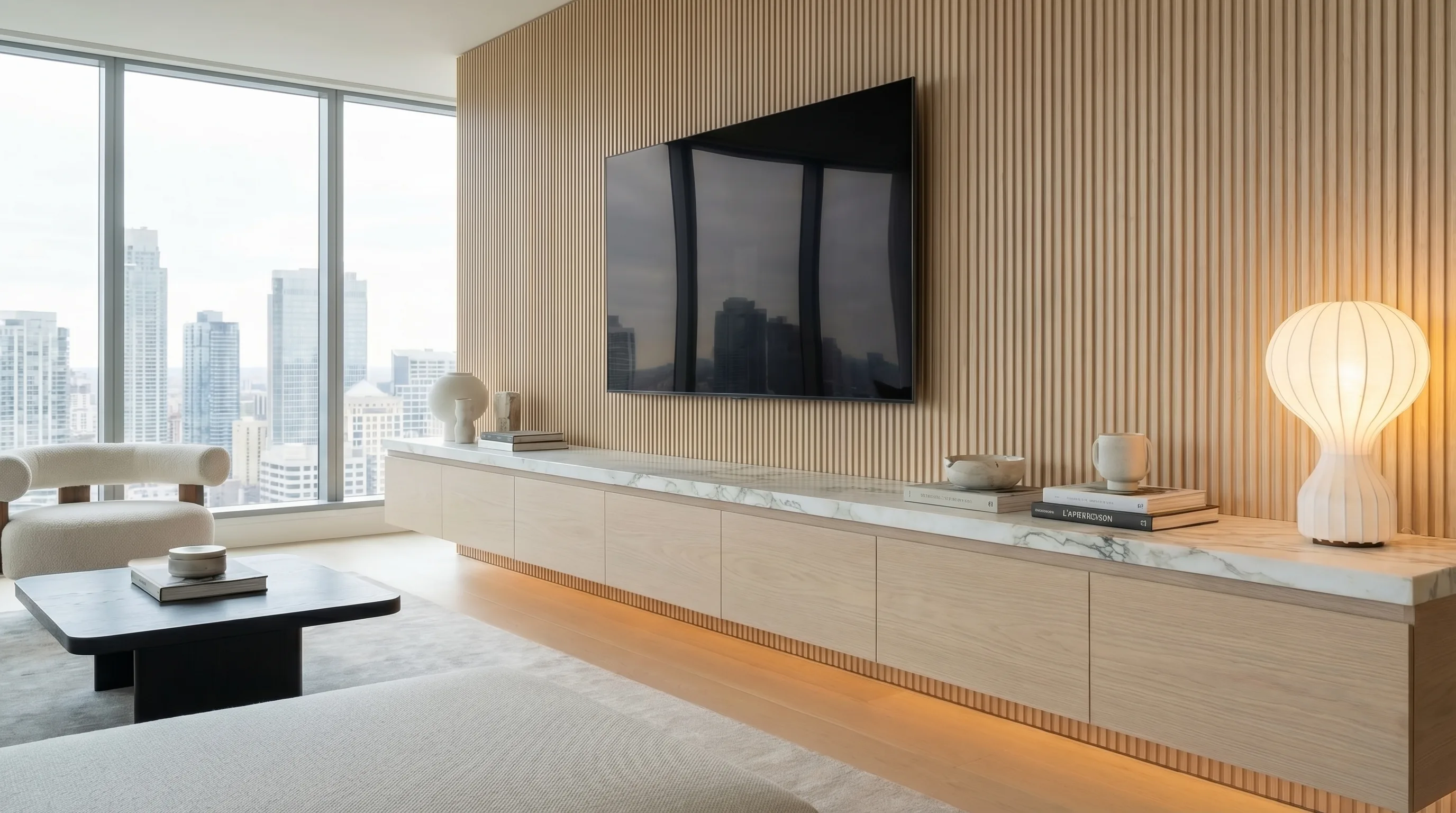 Bespoke media wall with integrated open shelving, TV recess and LED lighting, Surrey