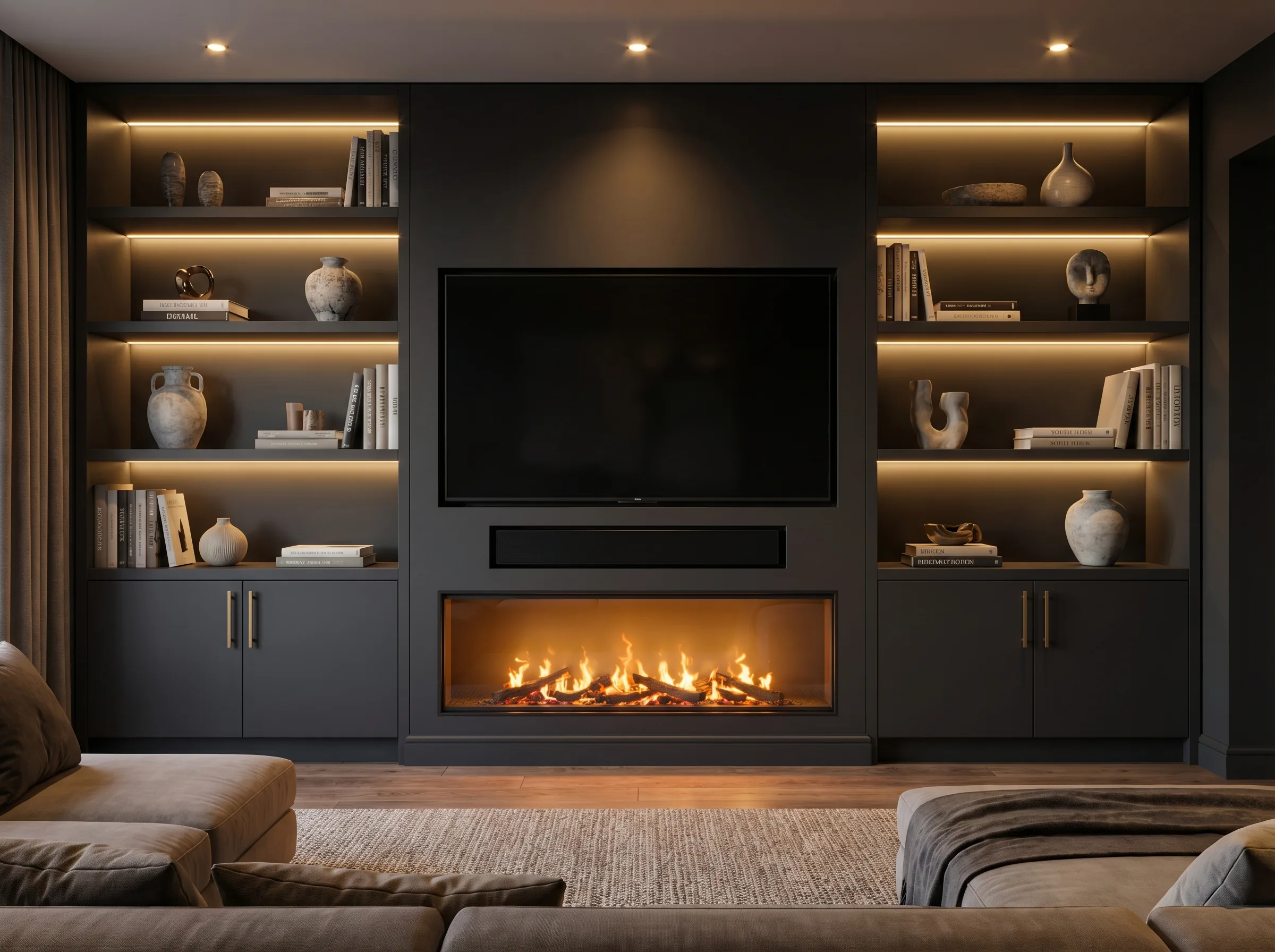 Bespoke media wall with dark shelving, fireplace and concealed LED lighting, Surrey