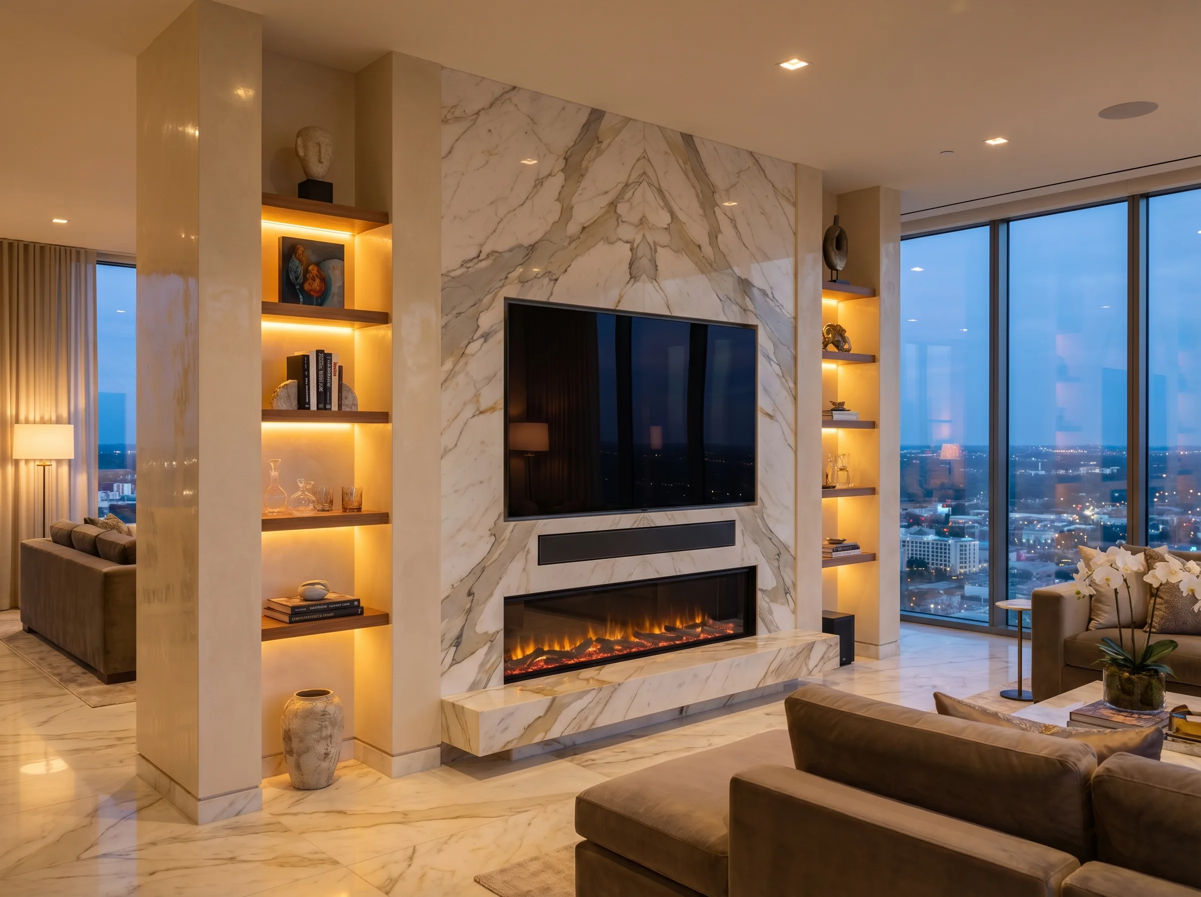 Floor-to-ceiling media wall with integrated shelving, TV recess and LED lighting, Surrey