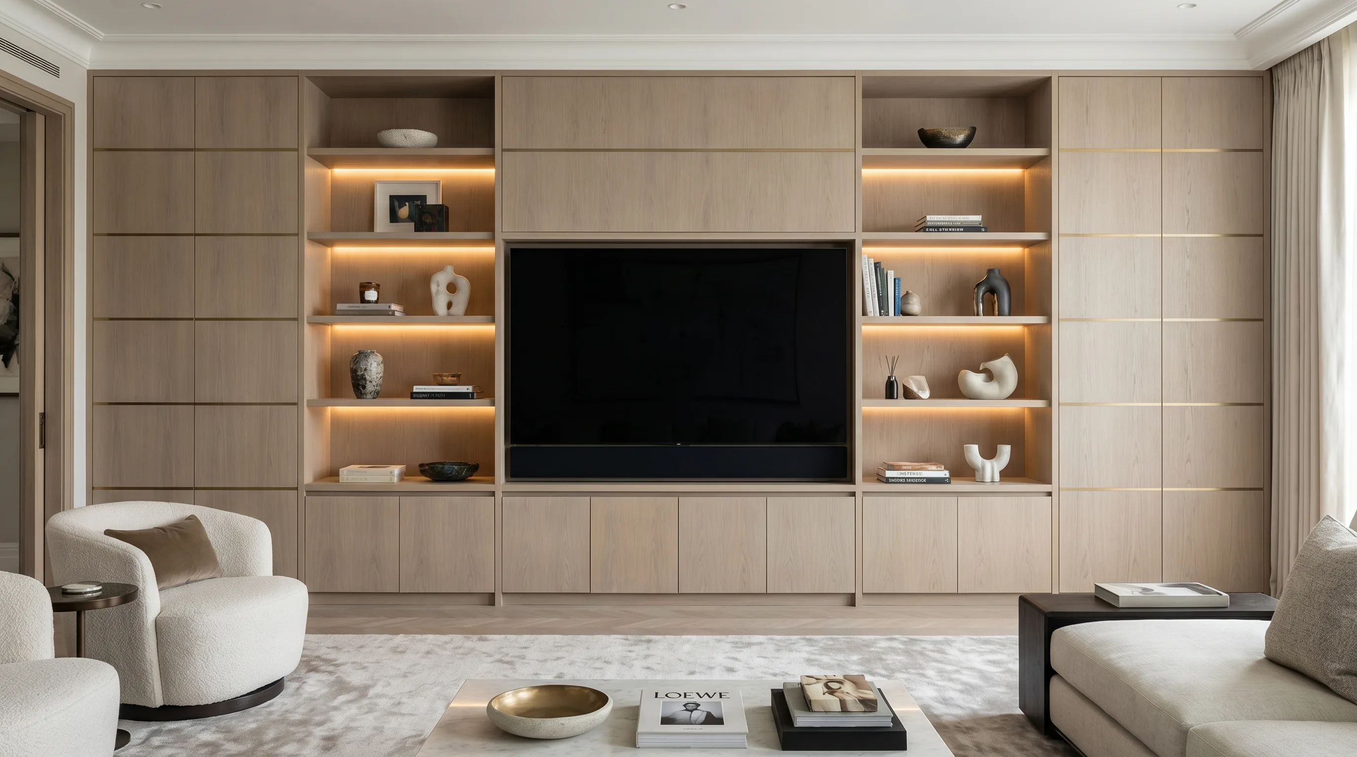 Media wall with open shelving at upper level, closed cupboard storage at lower level and recessed TV section with integrated lighting, Surrey