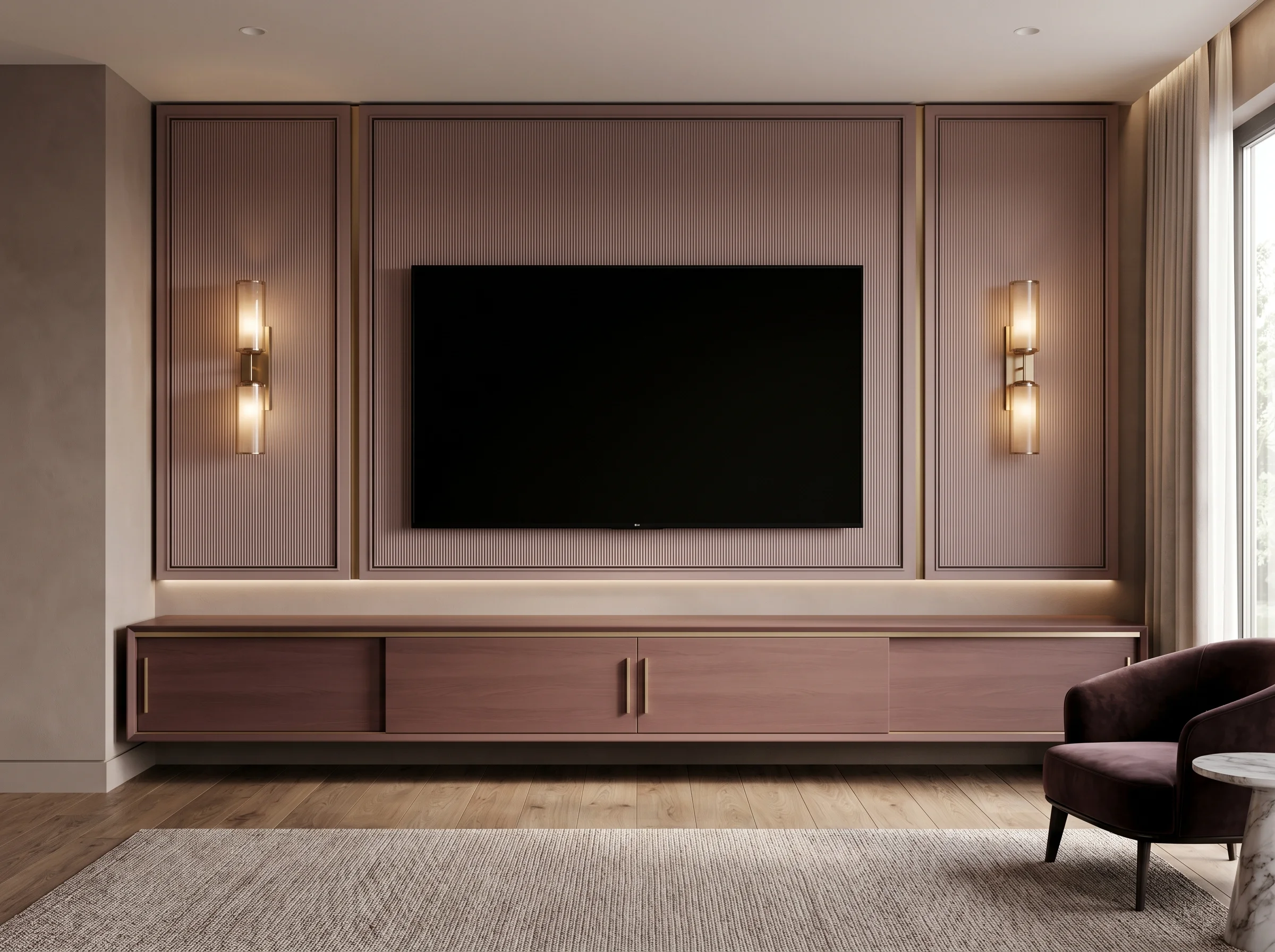 Statement bespoke media wall with fluted panels, brass detail and integrated lighting by LV Carpentry
