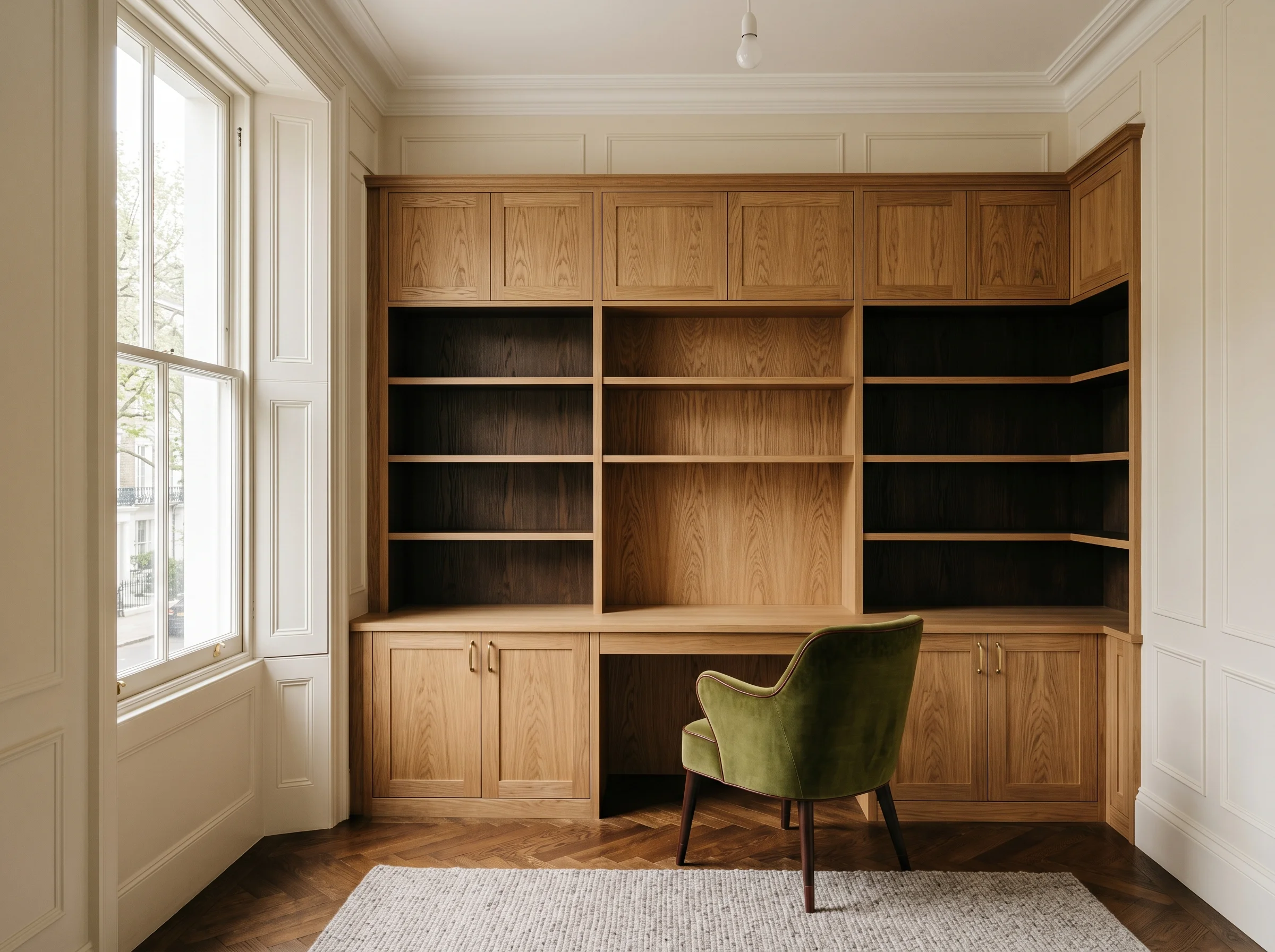 Bespoke fitted oak home office with built-in desk and floor to ceiling cabinetry London
