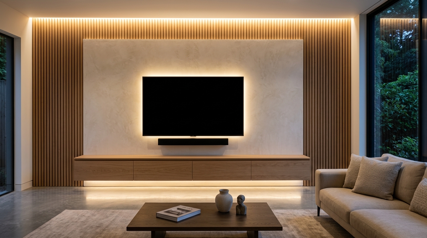 Media wall with light oak slatted panels either side of a Venetian plaster centre section, floating oak cabinet below with warm LED lighting