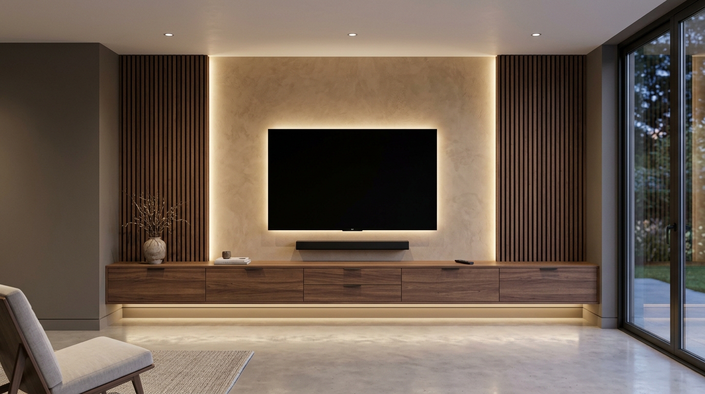 Media wall with walnut slatted panels either side of a Venetian plaster centre, floating walnut cabinet with backlit TV recess