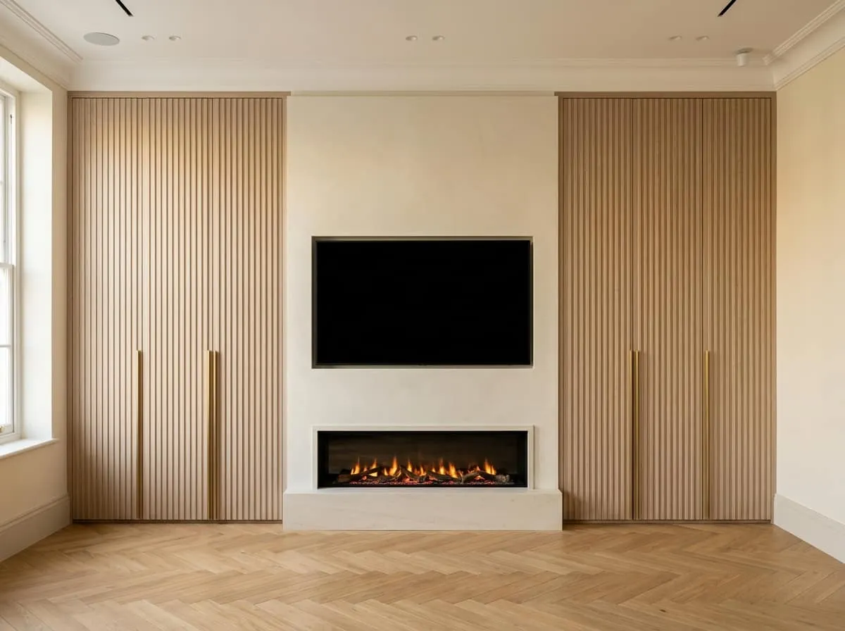 Bespoke media wall with Venetian plaster centre, full-height fluted oak cupboard doors and linear fireplace with plaster hearth, Surrey