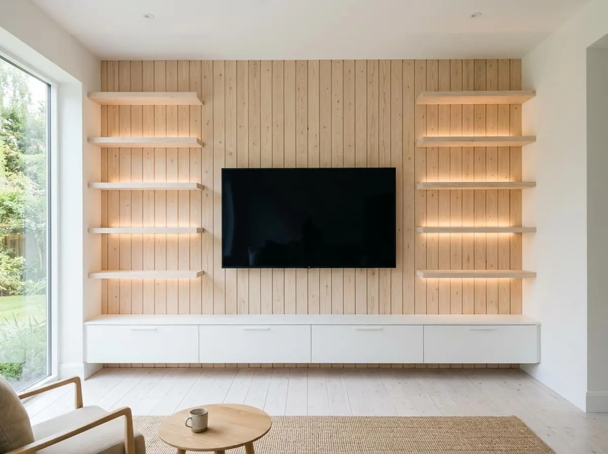 Media wall with natural slatted oak panels covering the full wall, floating LED-lit shelving on both sides and white floating TV unit, Surrey